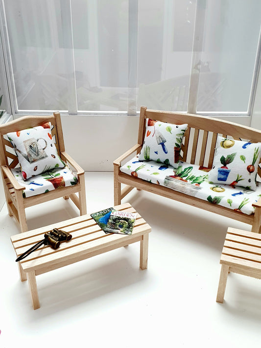Dolls House Wooden Garden Bench and 1x Chair with 1x Side Table, 1x Long Table with Seat Pad in Garden Theme Cushions, Miniature, 12th Scale