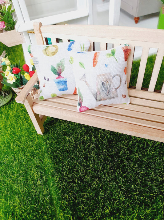 Dolls house Garden 2 x white with garden theme design cushions, 12th scale cushions, miniature cushions