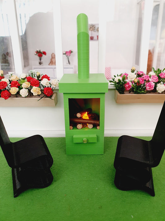 Dolls House Green Garden Modern Square Log Fire with Light Up Flame and Wood, 1:12th Scale, Miniature Fire
