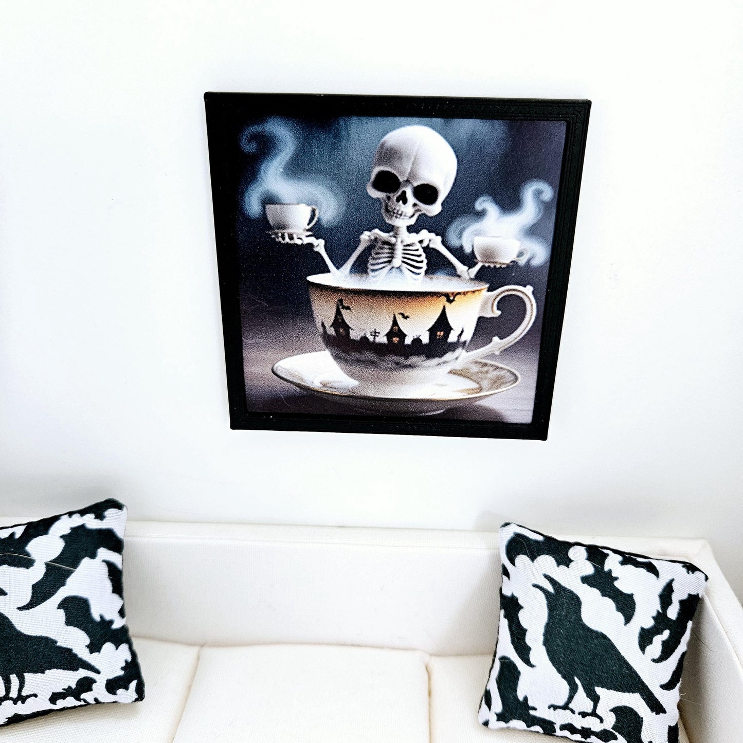 Dolls House Modern Framed Wall Art, Halloween skeleton print, 12th scale, miniature wall picture for any room
