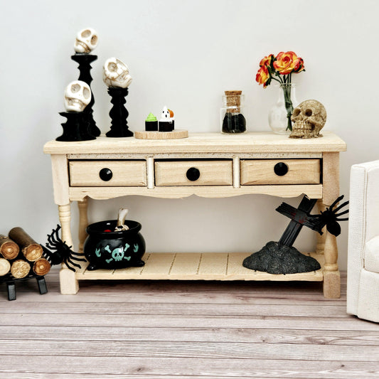 Dolls House Halloween Wooden Sideboard with accessories, 1:12th Scale, Miniature Halloween