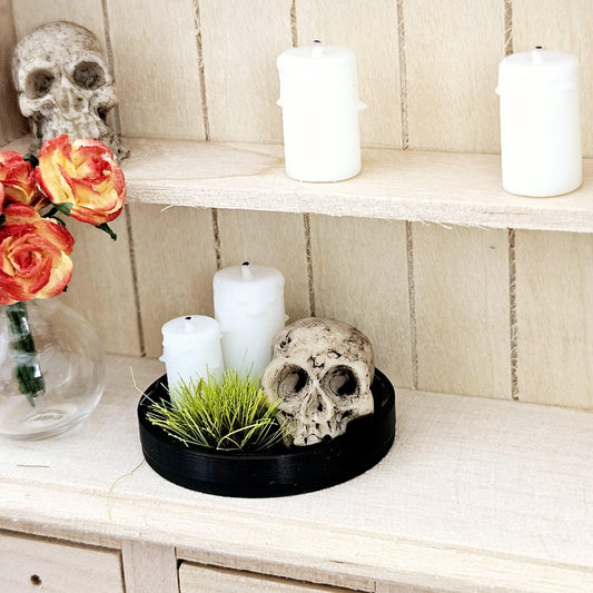 Dolls House Halloween Coloured tray ornament with 2x candles, green plant & a Skull, 12th scale, miniature Halloween ornament