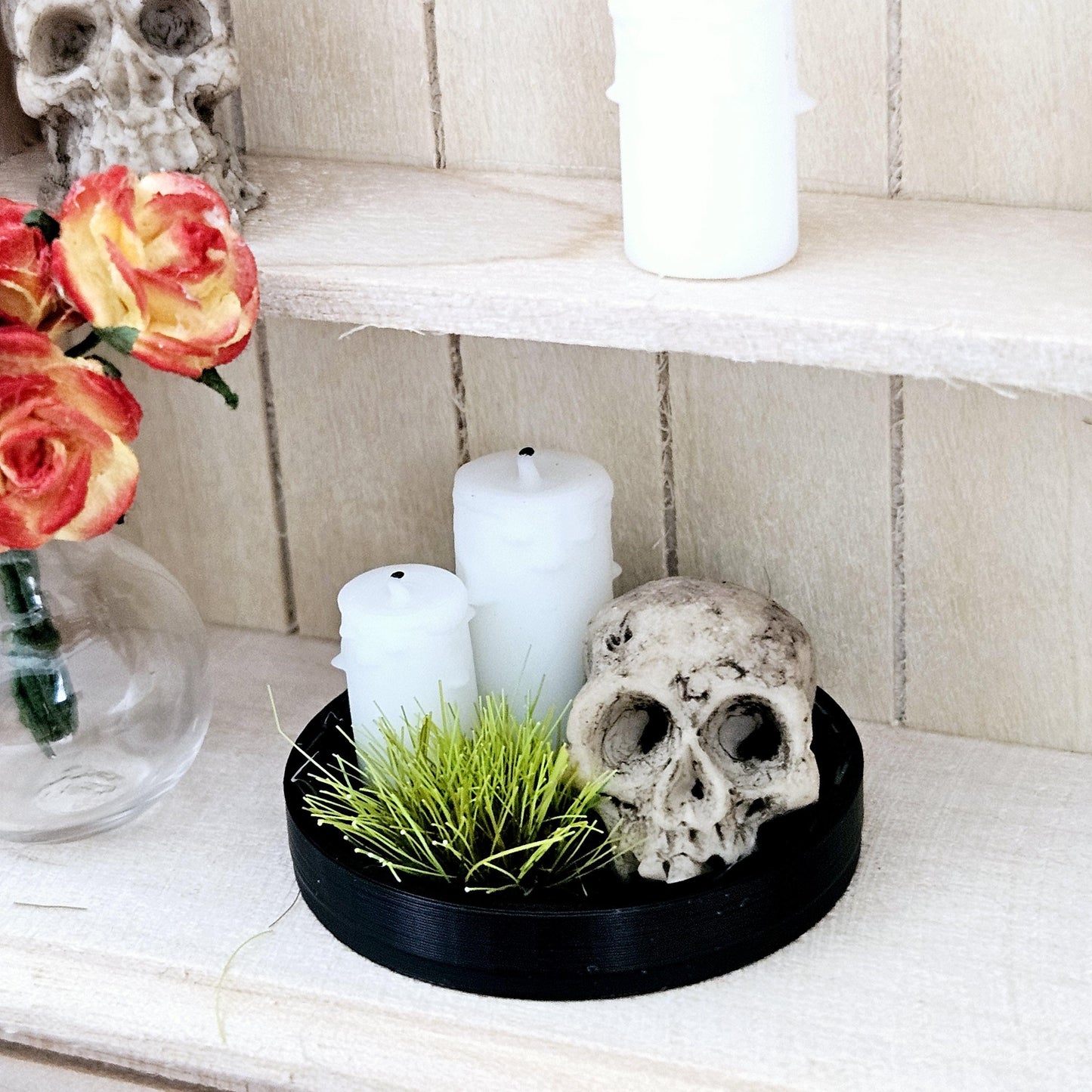 Dolls House Halloween Coloured tray ornament with 2x candles, green plant & a Skull, 12th scale, miniature Halloween ornament