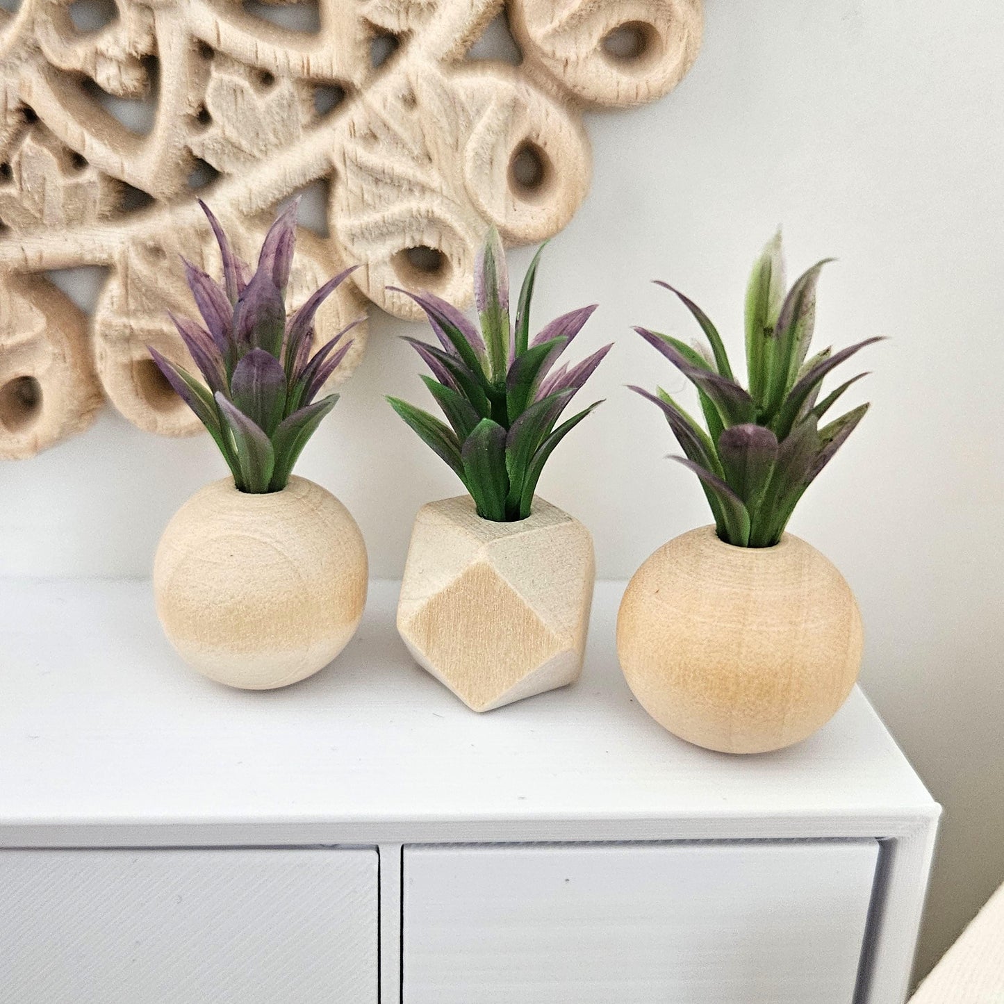 Dolls House Lovely Set of 3 Wooden Plant Pots with Plants  1:12th Scale, Miniature Pot