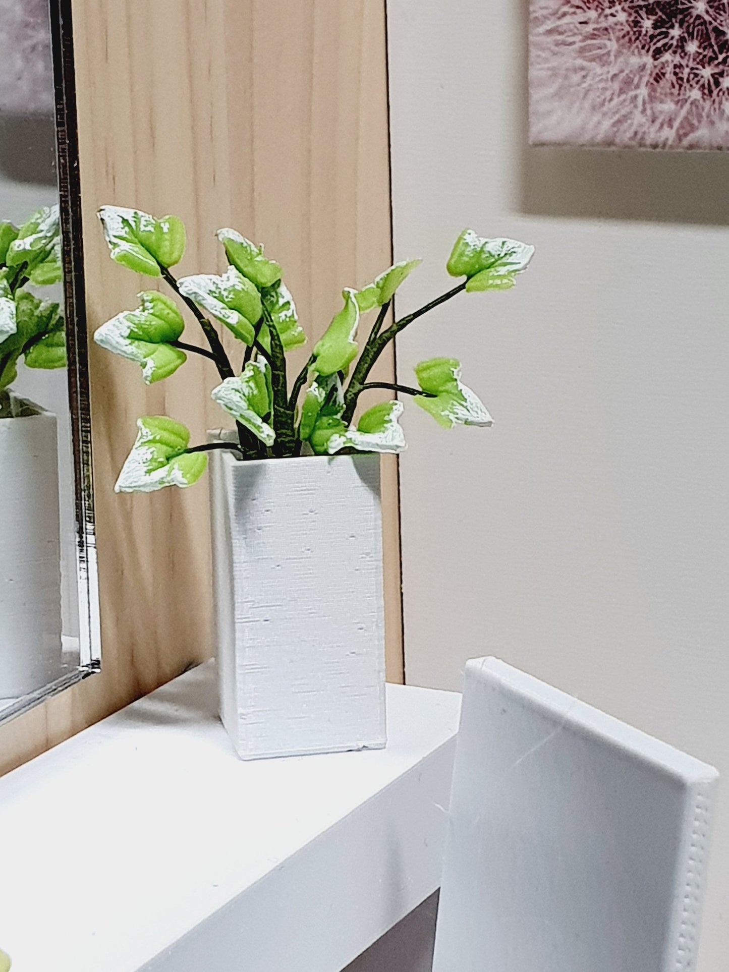 Dolls House Tall Square Vase with Green Leaves, 1:12th Scale, Miniature Plant Pot, Dollhouse Accessories