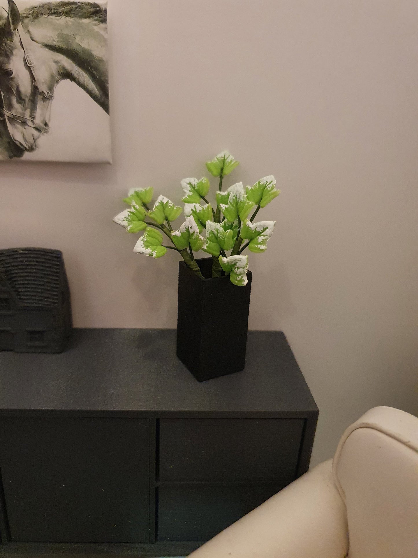 Dolls House Tall Square Vase with Green Leaves, 1:12th Scale, Miniature Plant Pot, Dollhouse Accessories
