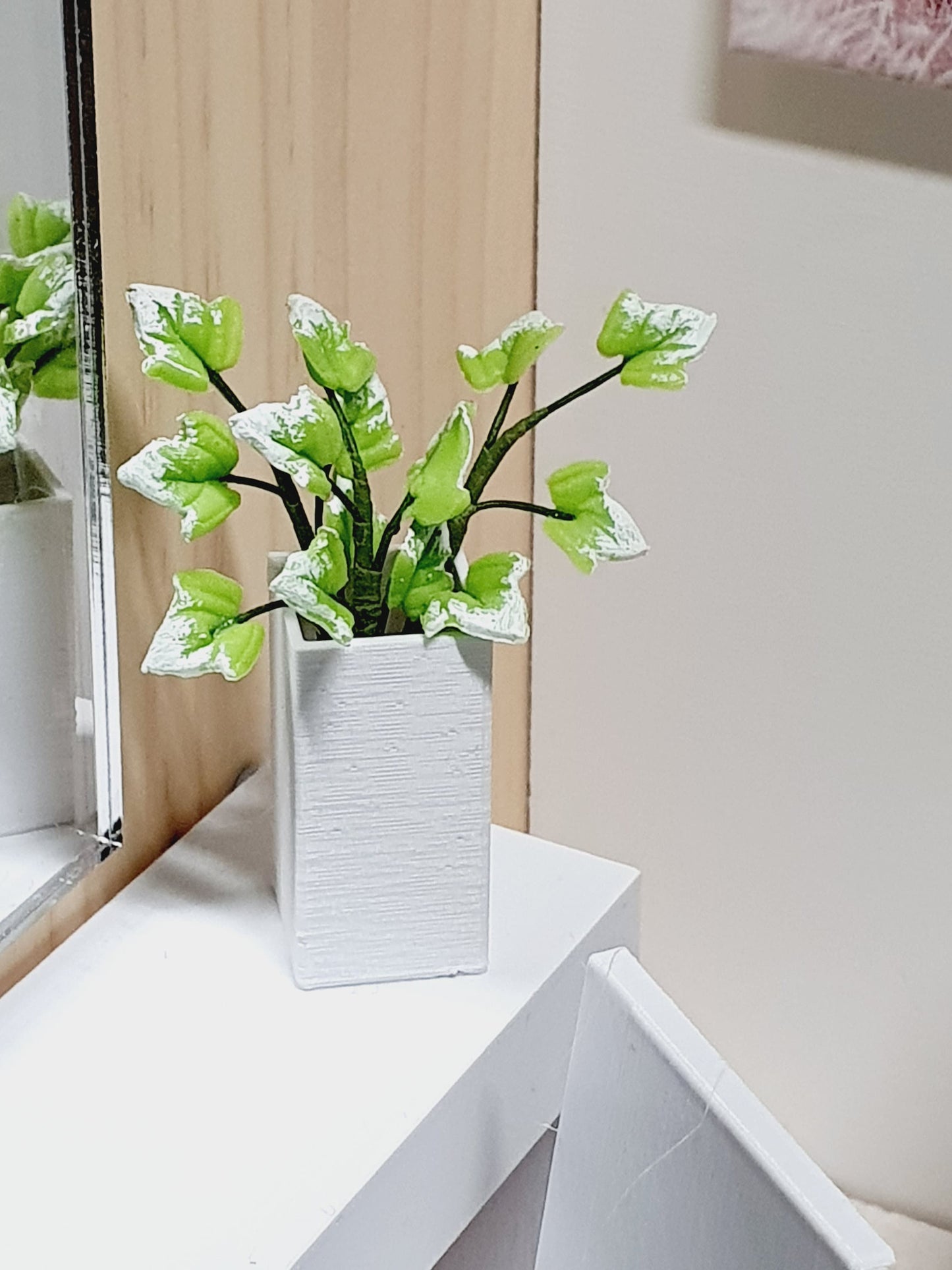 Dolls House Tall Square Vase with Green Leaves, 1:12th Scale, Miniature Plant Pot, Dollhouse Accessories