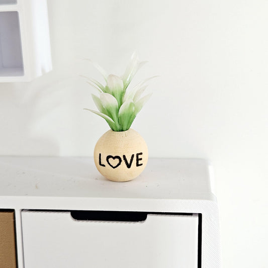 Dolls House Wooden Plant Pot with Plant with the word LOVE, 1:12th Scale, Miniature