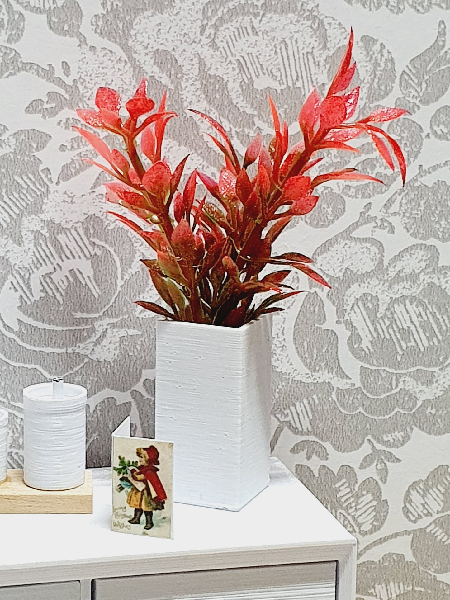 Dolls House Modern Tall Square Vase with Red Leaves, 1:12th Scale, Miniature Plant Pot, Dollhouse Accessories, Choice of Colours