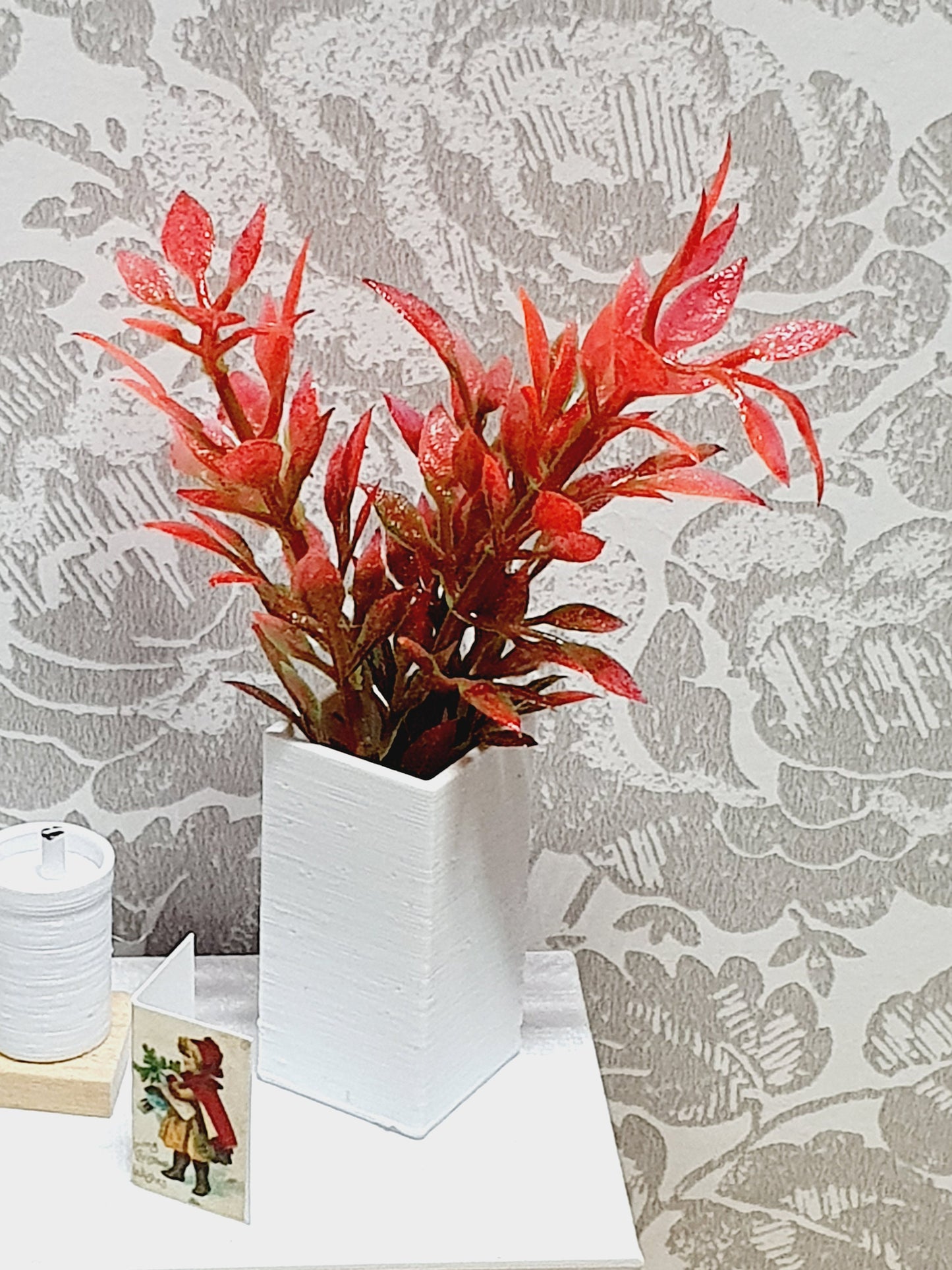 Dolls House Modern Tall Square Vase with Red Leaves, 1:12th Scale, Miniature Plant Pot, Dollhouse Accessories, Choice of Colours