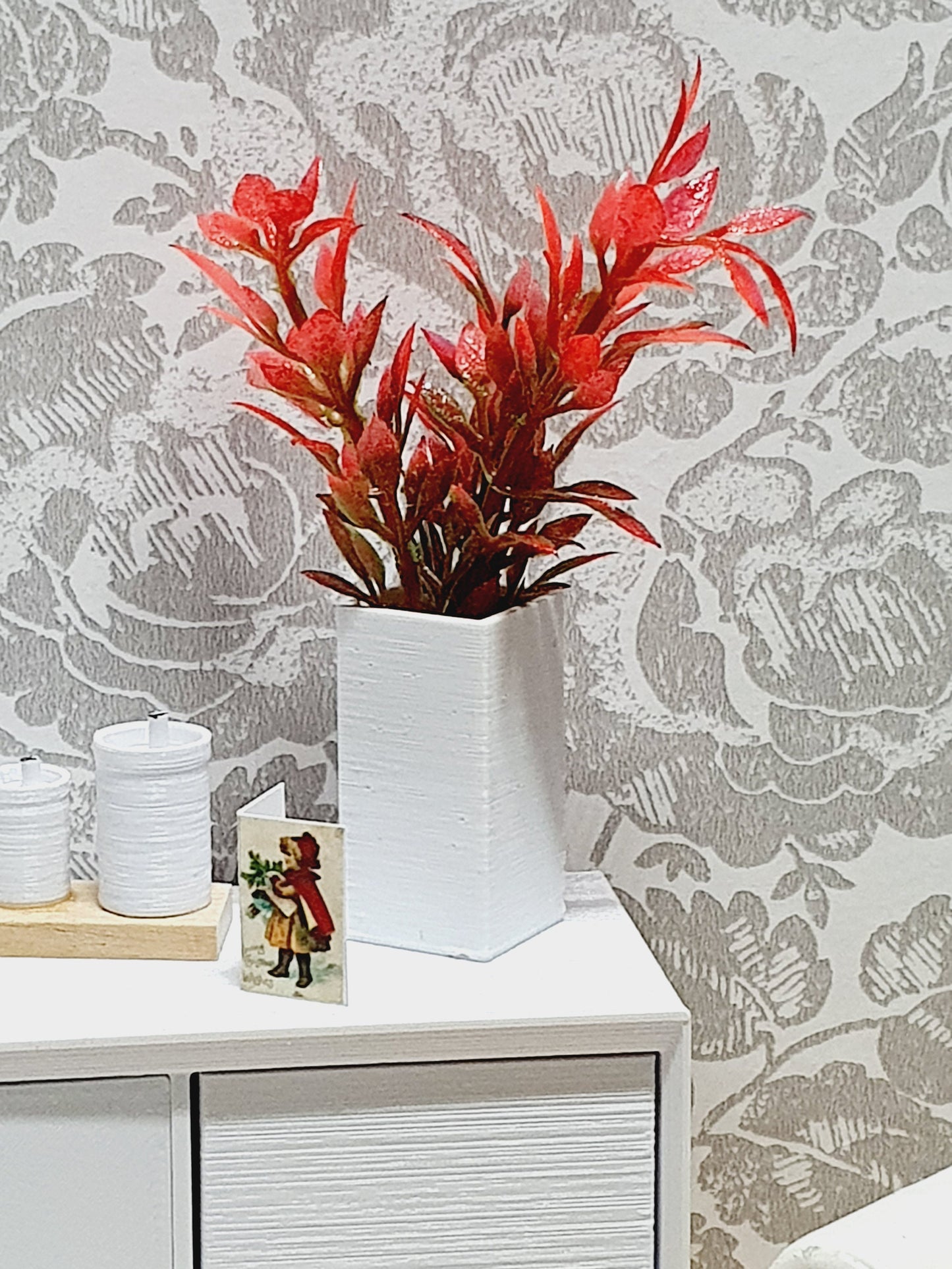Dolls House Modern Tall Square Vase with Red Leaves, 1:12th Scale, Miniature Plant Pot, Dollhouse Accessories, Choice of Colours
