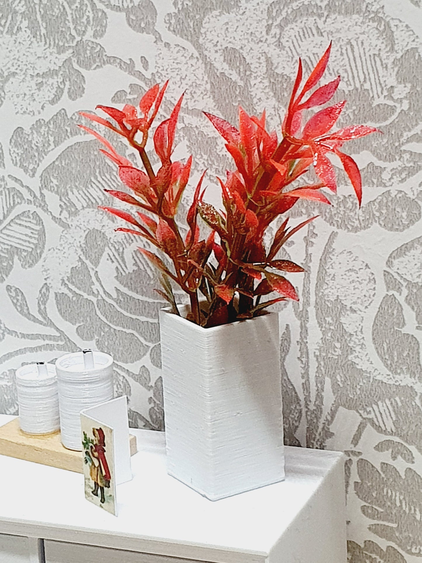 Dolls House Modern Tall Square Vase with Red Leaves, 1:12th Scale, Miniature Plant Pot, Dollhouse Accessories, Choice of Colours
