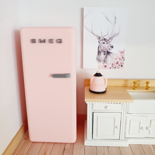Dolls House Modern Kitchen Pink SMEG Fridge, 1:12th Scale, Miniature fridge