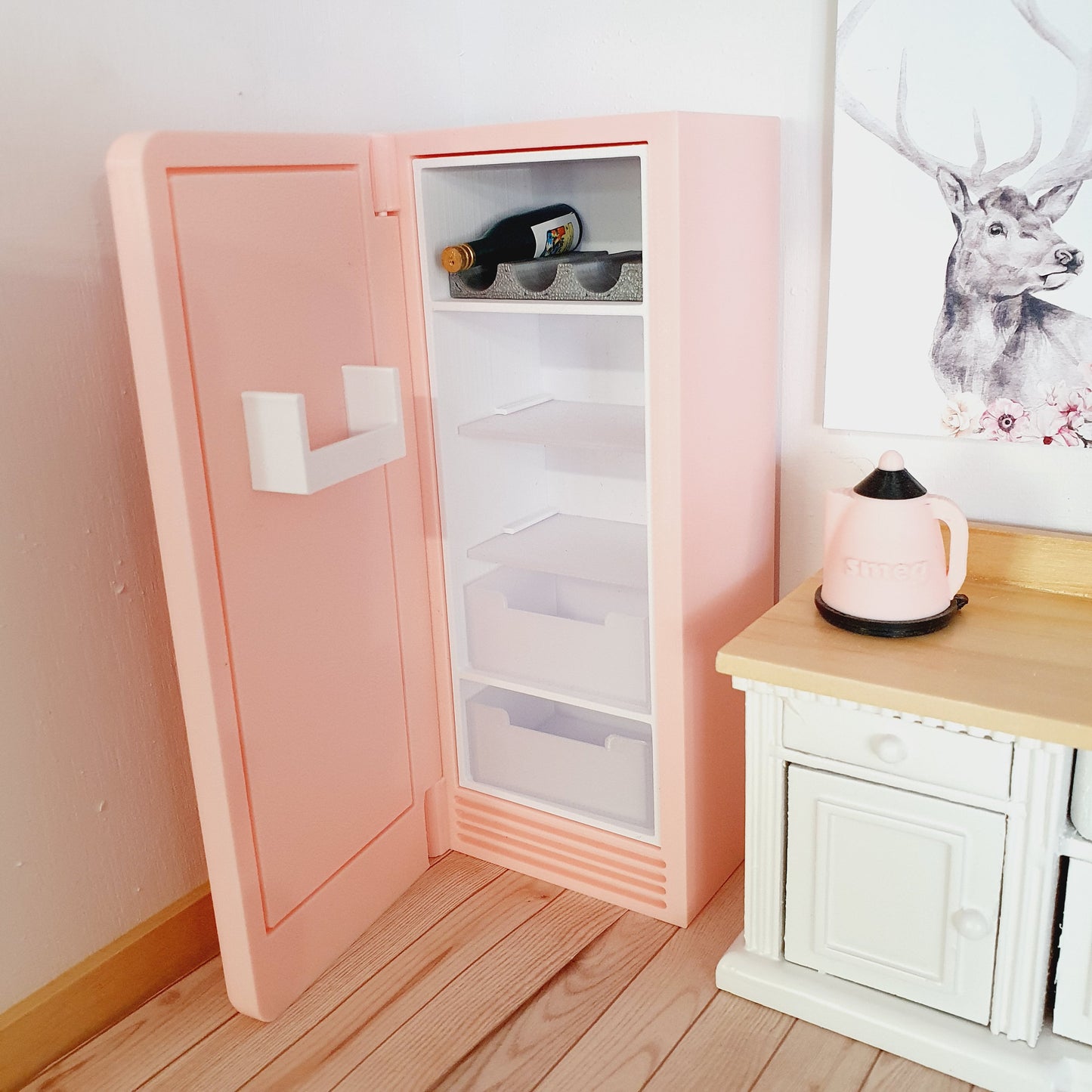 Dolls House Modern Kitchen Pink SMEG Fridge, 1:12th Scale, Miniature fridge