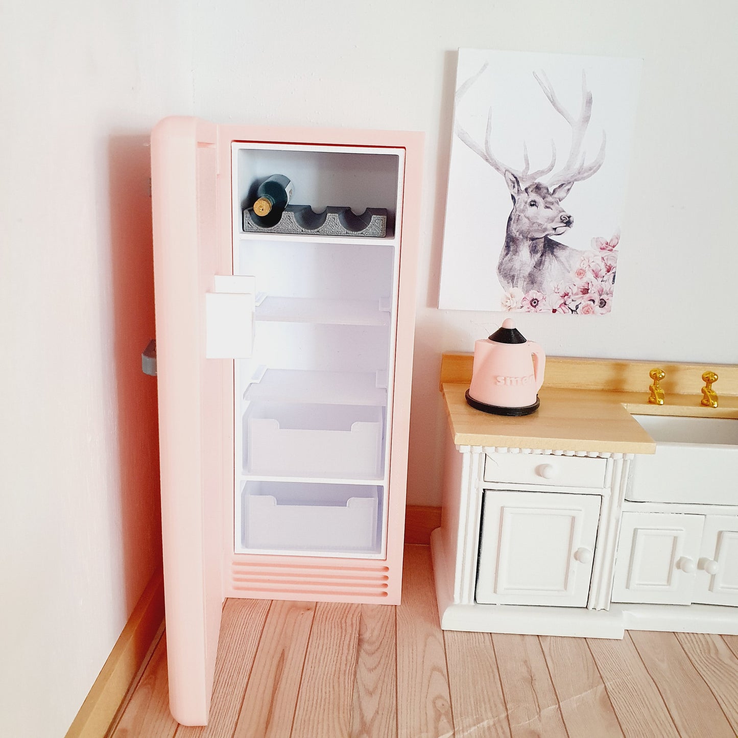 Dolls House Modern Kitchen Pink SMEG Fridge, 1:12th Scale, Miniature fridge