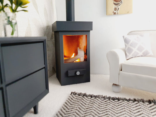 Dolls House Modern Dark Grey Square Log Fire with Light Up Flame and Wood, 1:12th Scale, Miniature Fire (FIRE5)