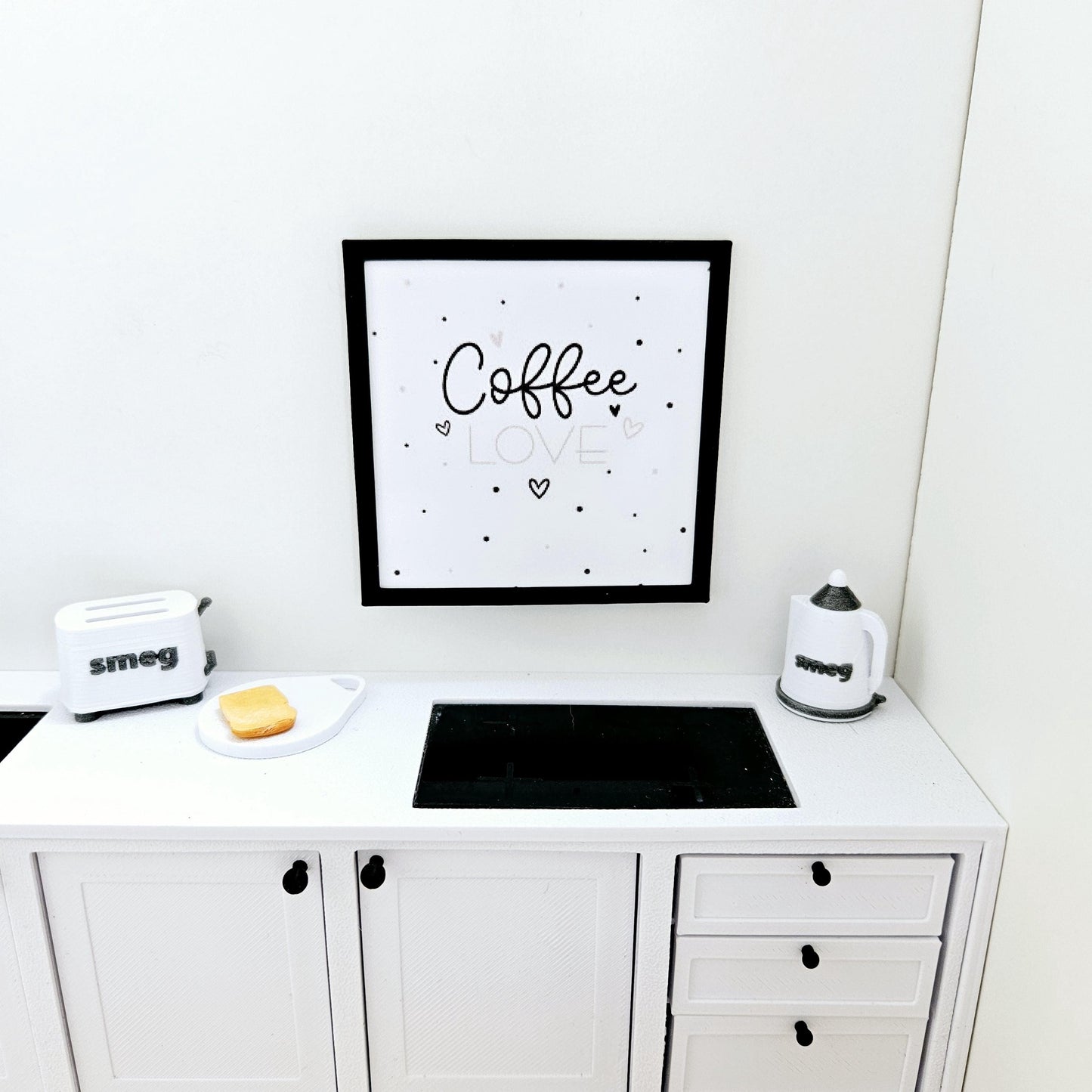 Dolls House Modern Framed Wall Art, Coffee Love quote picture, 12th scale, miniature wall picture for a kitchen wall