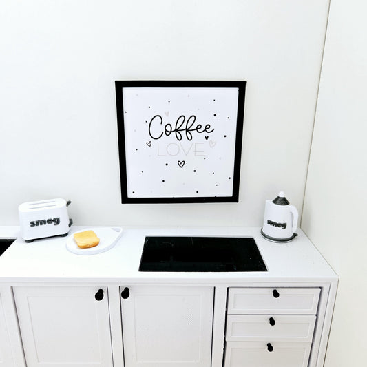 Dolls House Modern Framed Wall Art, Coffee Love quote picture, 12th scale, miniature wall picture for a kitchen wall
