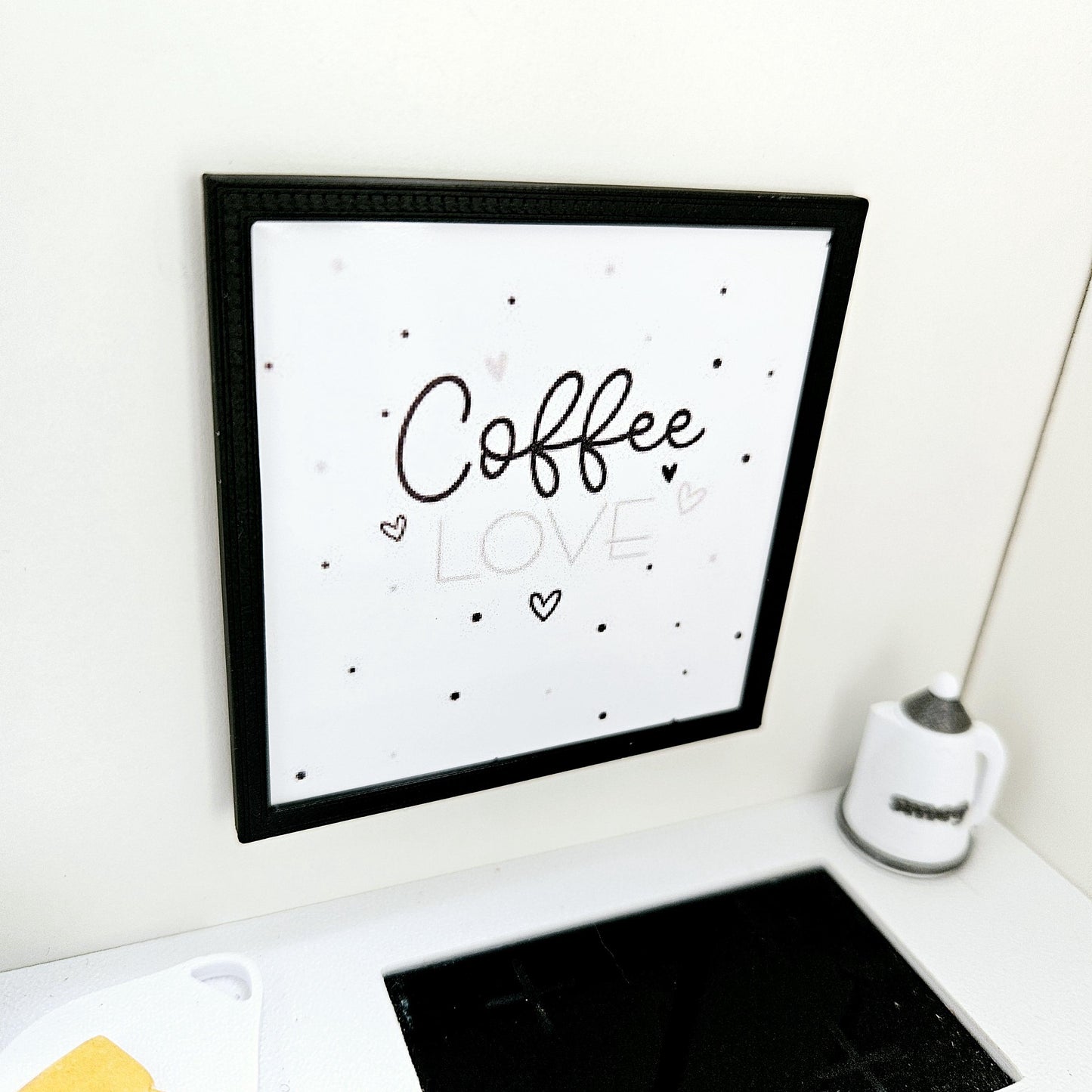Dolls House Modern Framed Wall Art, Coffee Love quote picture, 12th scale, miniature wall picture for a kitchen wall