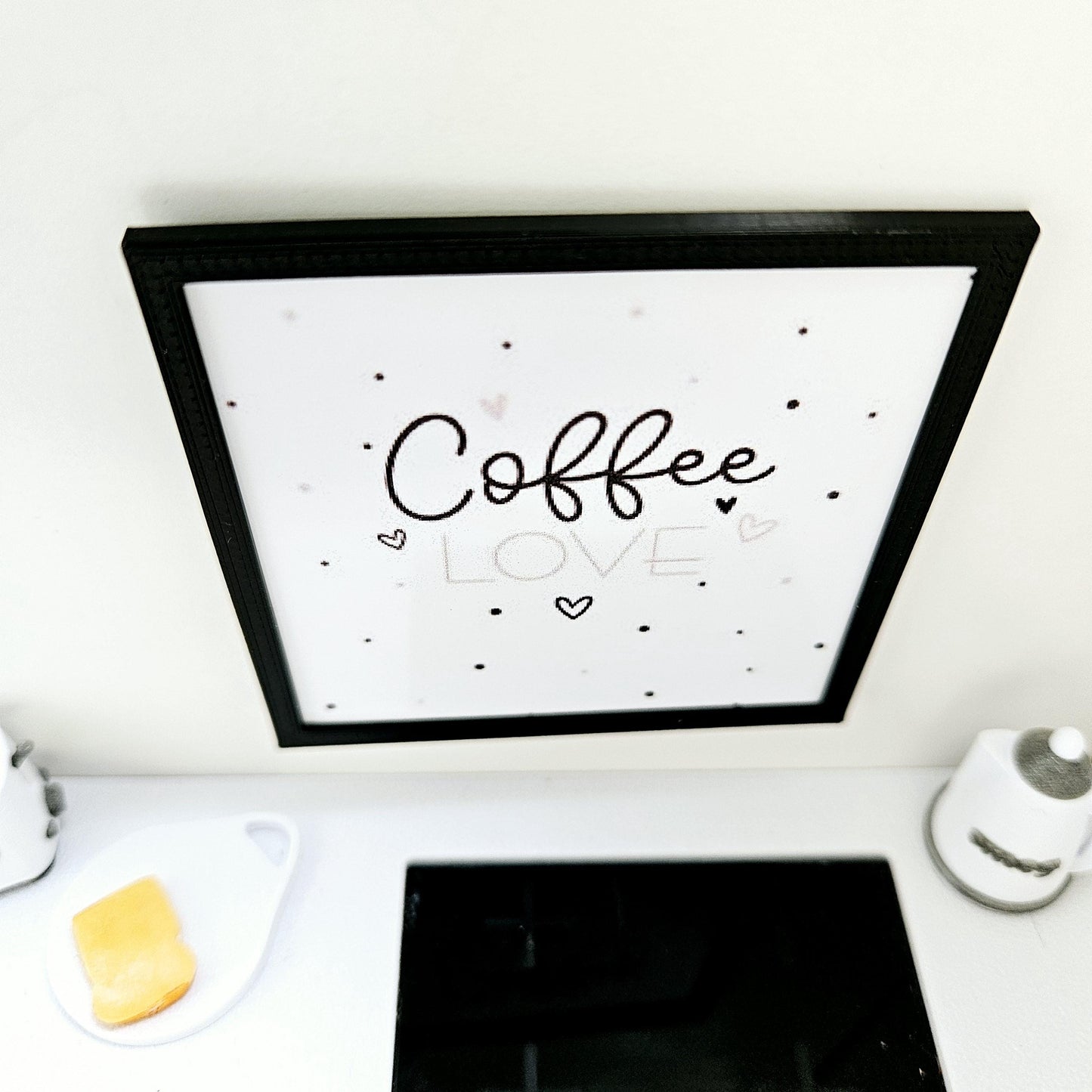 Dolls House Modern Framed Wall Art, Coffee Love quote picture, 12th scale, miniature wall picture for a kitchen wall