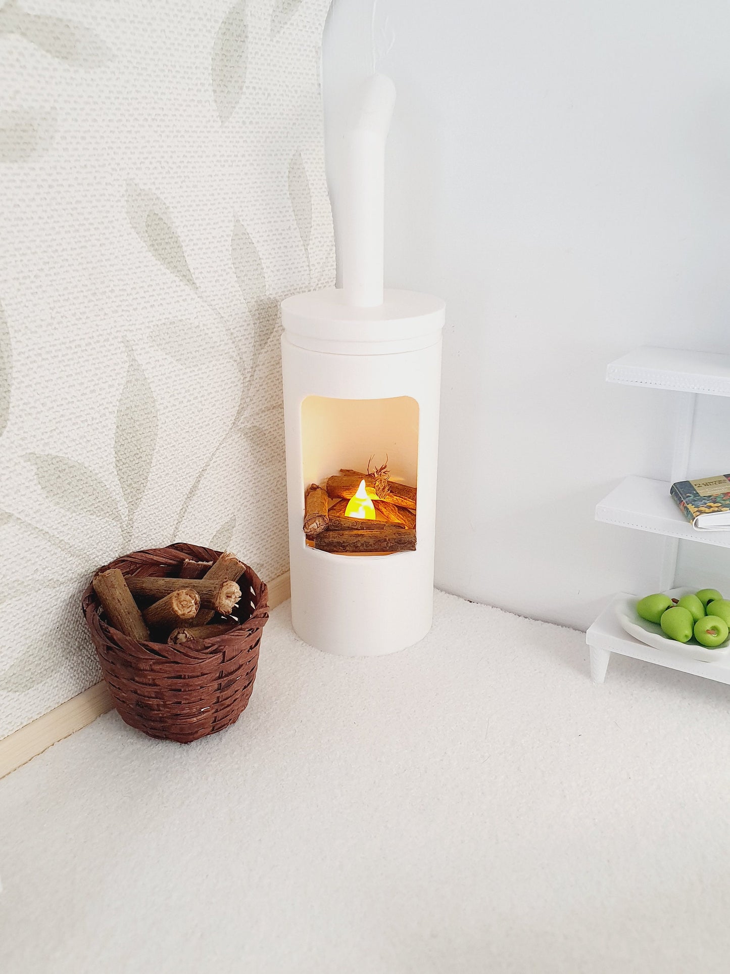 Dolls House White Modern Round Log Fire with Light Up Flame and Wood, 1:12th Scale, Miniature Fire (FIRE4)