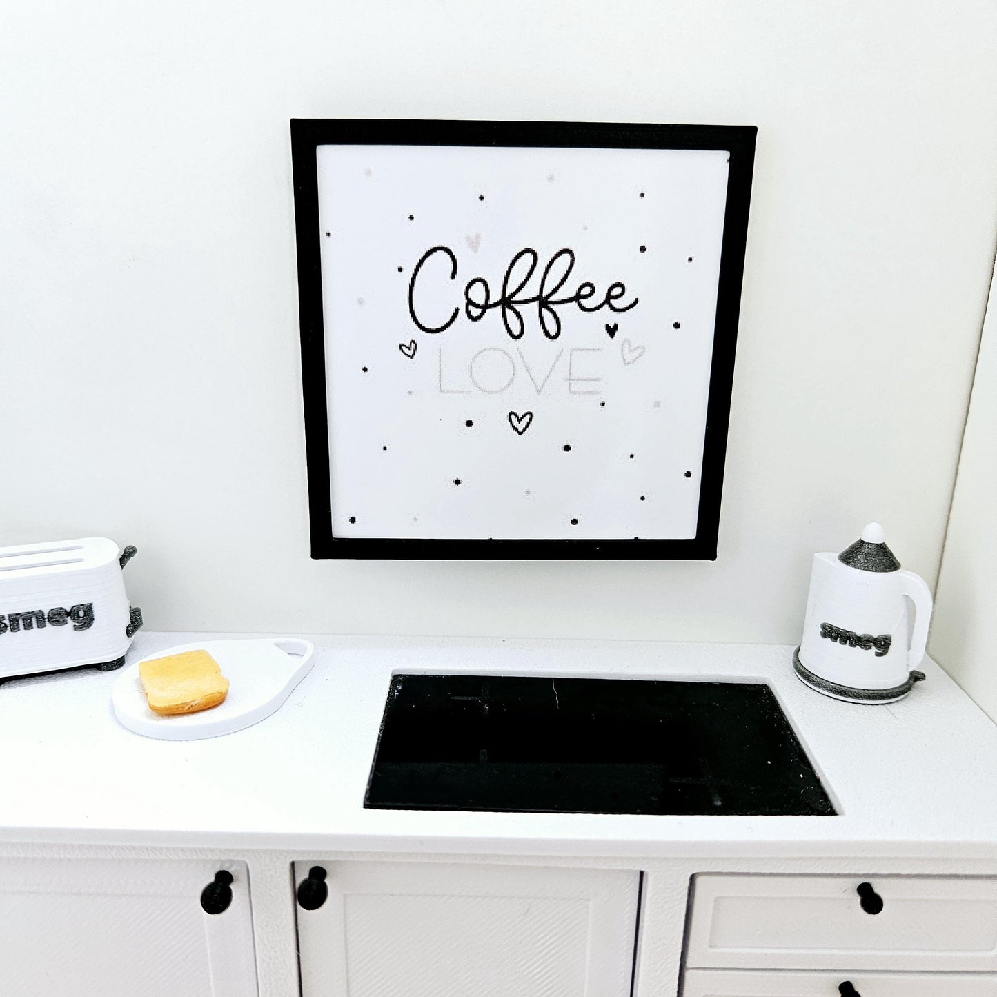 Dolls House Modern Framed Wall Art, Coffee Love quote picture, 12th scale, miniature wall picture for a kitchen wall