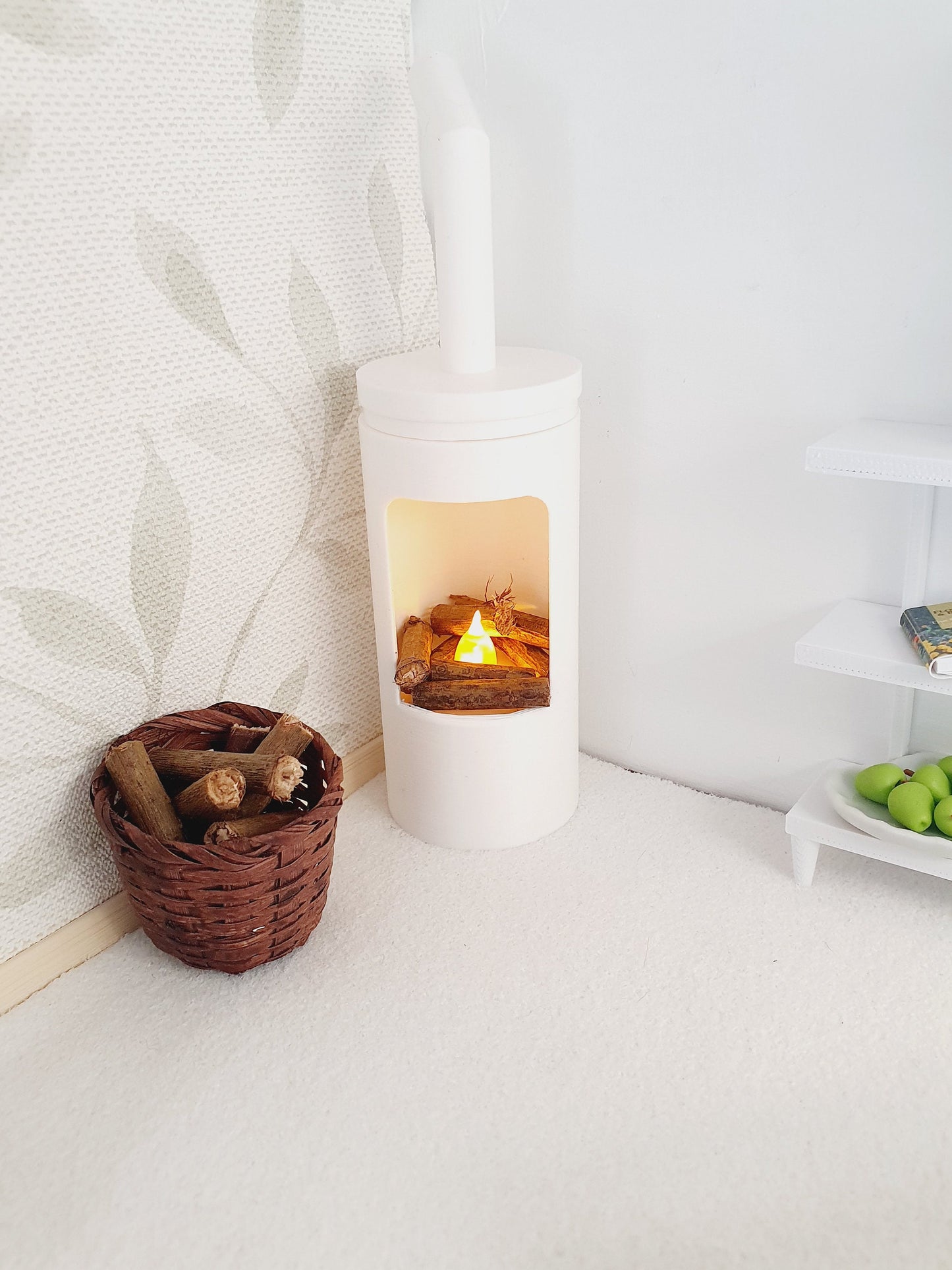 Dolls House White Modern Round Log Fire with Light Up Flame and Wood, 1:12th Scale, Miniature Fire (FIRE4)