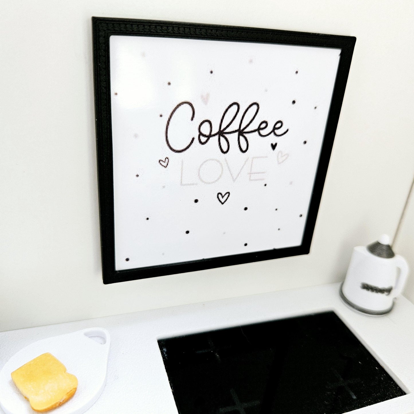 Dolls House Modern Framed Wall Art, Coffee Love quote picture, 12th scale, miniature wall picture for a kitchen wall