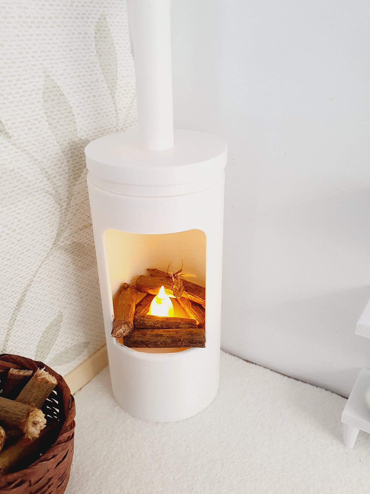 Dolls House White Modern Round Log Fire with Light Up Flame and Wood, 1:12th Scale, Miniature Fire (FIRE4)
