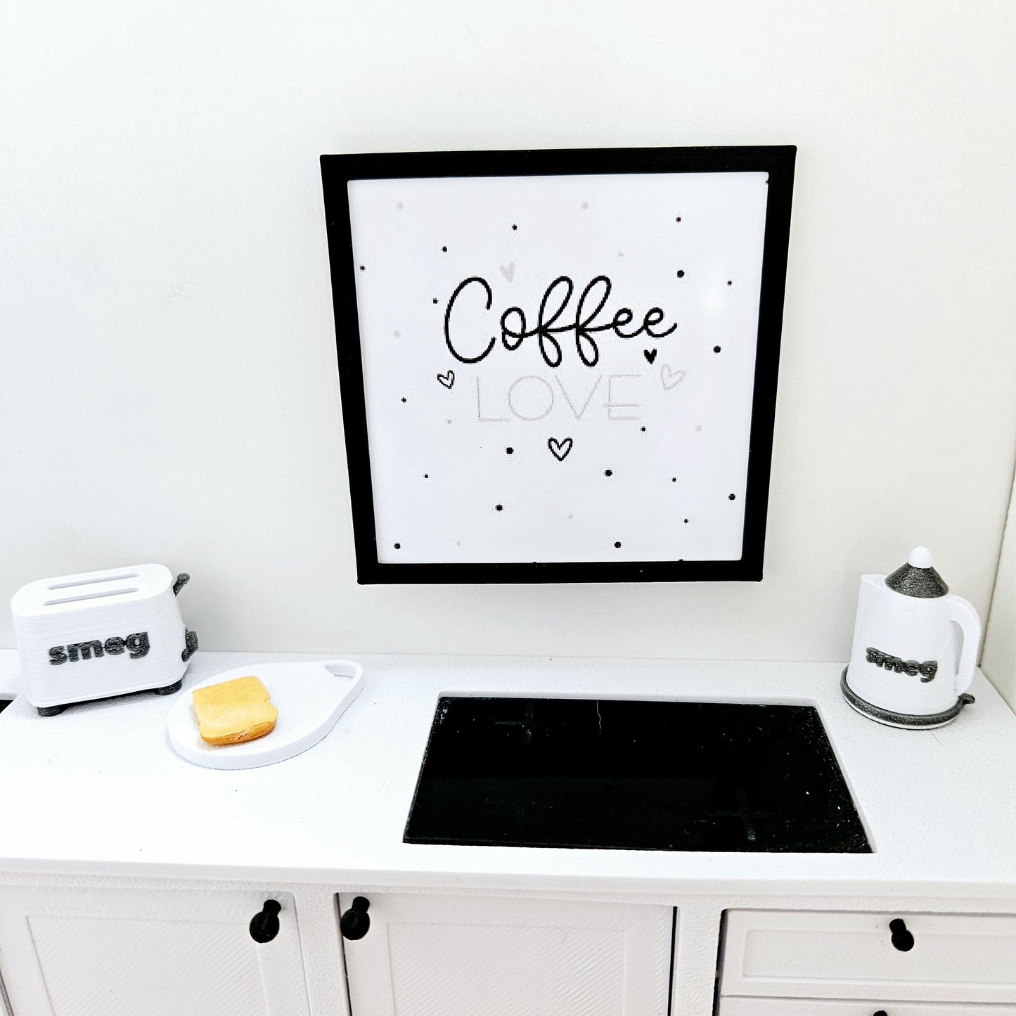Dolls House Modern Framed Wall Art, Coffee Love quote picture, 12th scale, miniature wall picture for a kitchen wall