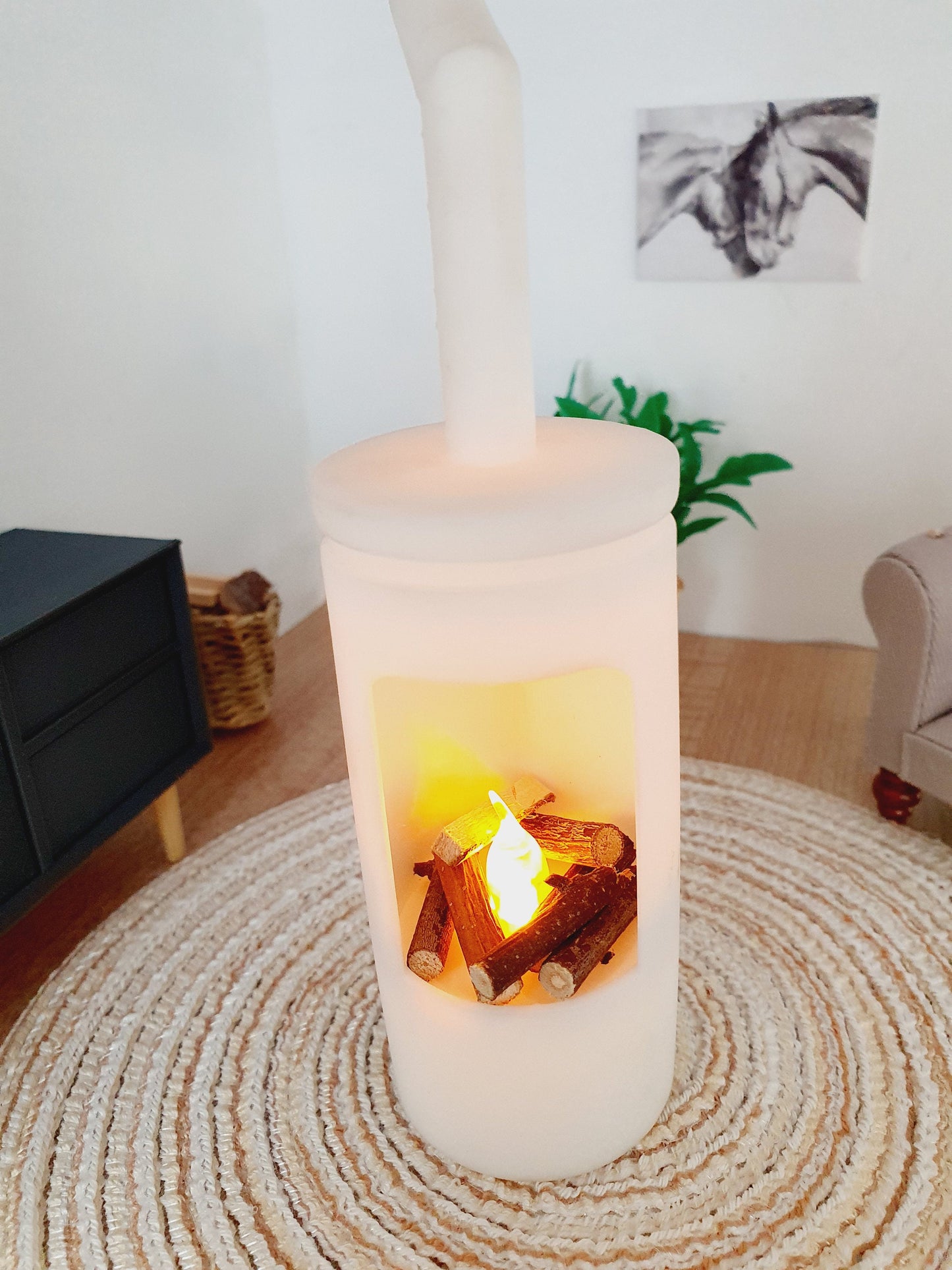 Dolls House White Modern Round Log Fire with Light Up Flame and Wood, 1:12th Scale, Miniature Fire (FIRE4)