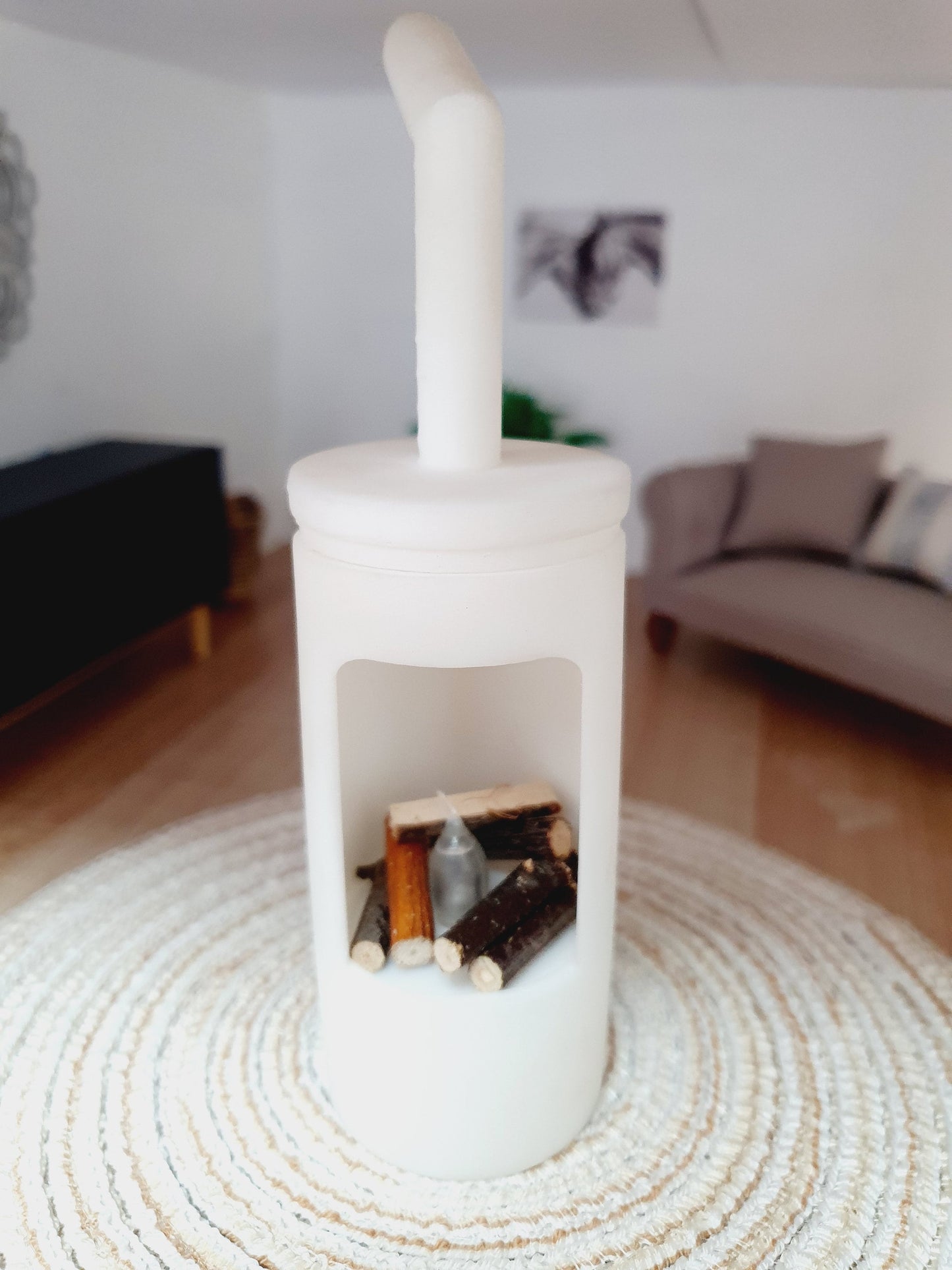 Dolls House White Modern Round Log Fire with Light Up Flame and Wood, 1:12th Scale, Miniature Fire (FIRE4)