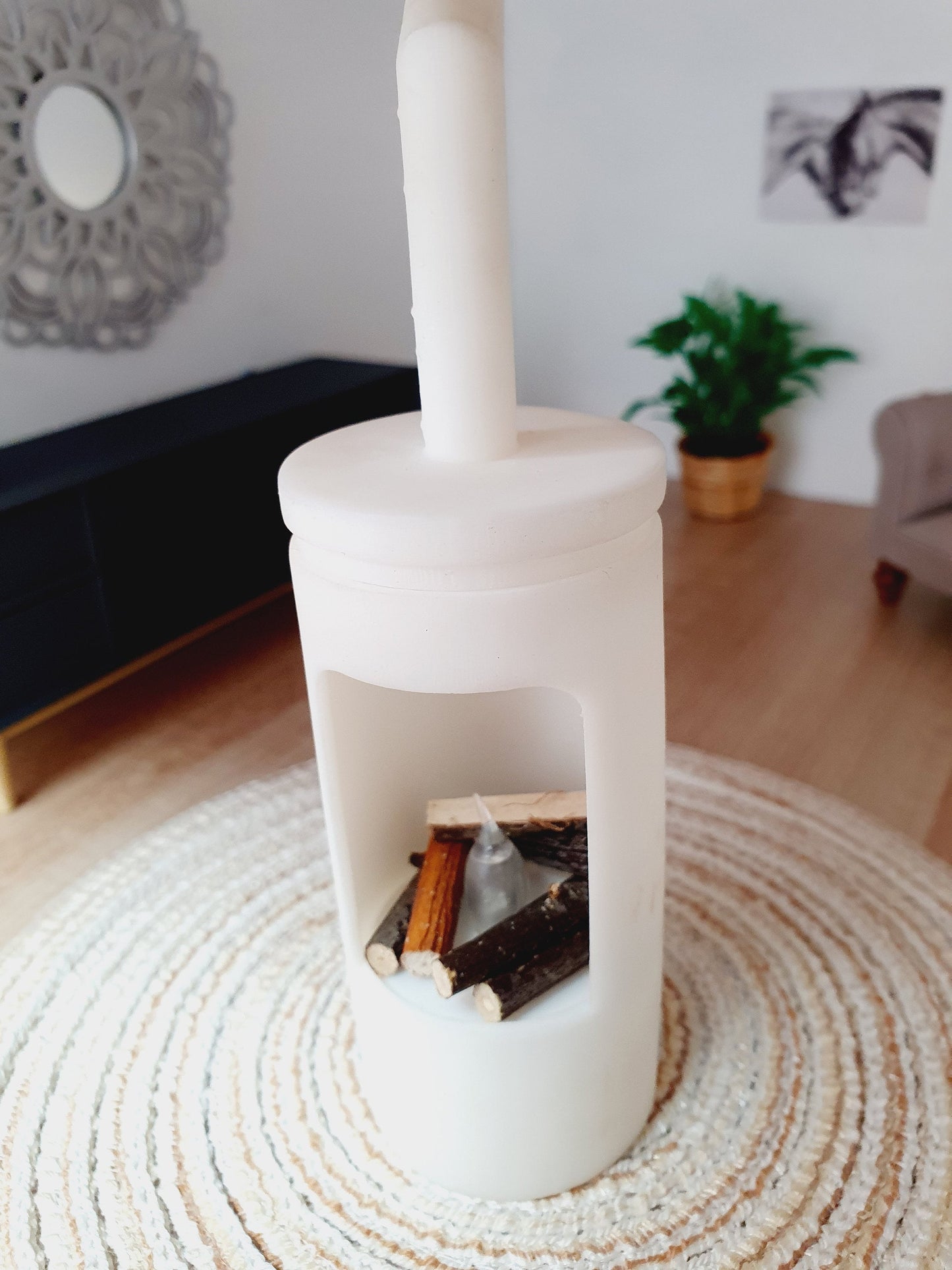 Dolls House White Modern Round Log Fire with Light Up Flame and Wood, 1:12th Scale, Miniature Fire (FIRE4)