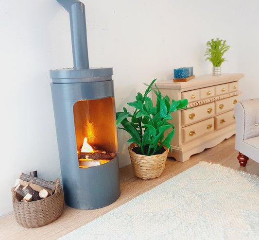 Dolls House Dark Grey Modern Round Log Fire with Light Up Flame and Wood, 1:12th Scale, Miniature (FIRE3)