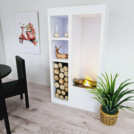Dolls House Modern Square Log Fire Place with Light Up Flame and Wood, Choice of Colours, 1:12th Scale, Miniature Fire (FIRE1)