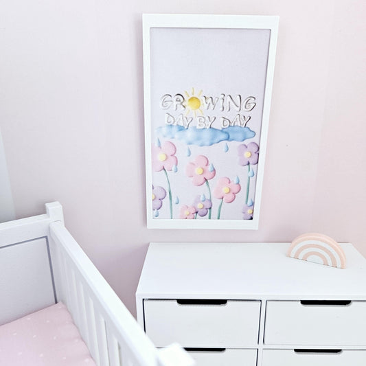 Dolls House Modern Framed Wall Art, Nursery Print. Growing Day By Day, 12th scale, miniature wall picture. Nursery wall art