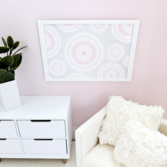 Dolls House Modern Framed Wall Art, Pretty pink circles print, 12th scale, miniature wall picture for any room