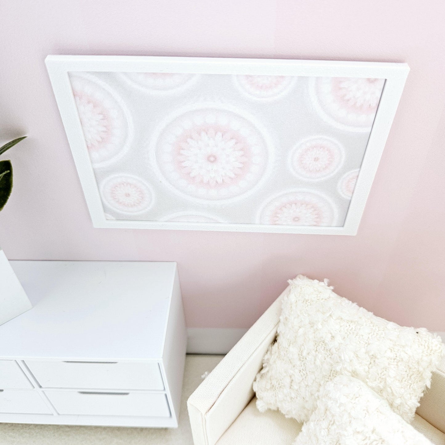 Dolls House Modern Framed Wall Art, Pretty pink circles print, 12th scale, miniature wall picture for any room