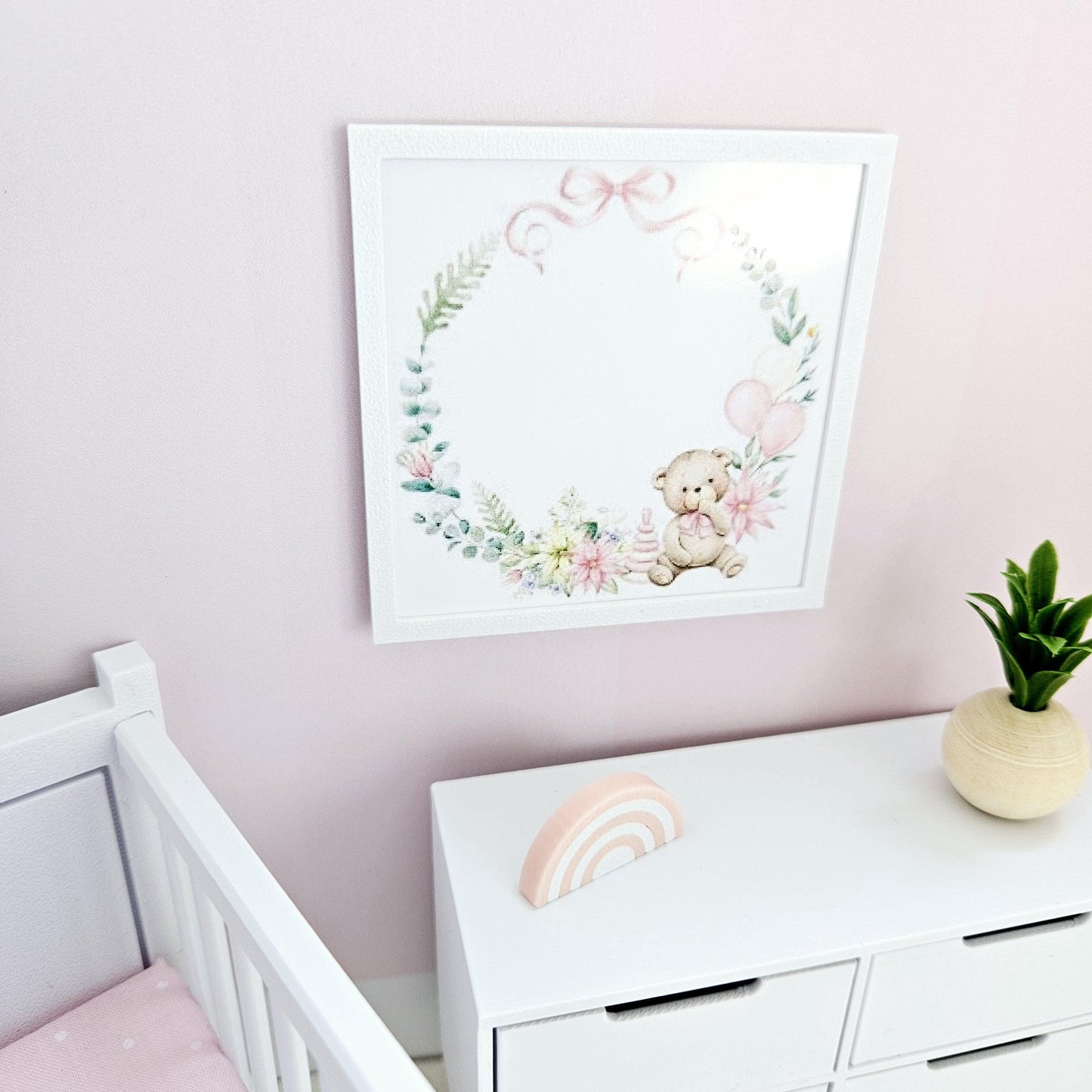 Dolls House Modern Framed Wall Art, Pink Teddy Bear picture, 12th scale, miniature wall picture, Nursery wall art