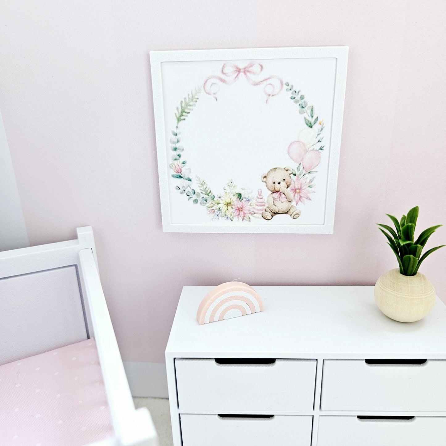 Dolls House Modern Framed Wall Art, Pink Teddy Bear picture, 12th scale, miniature wall picture, Nursery wall art