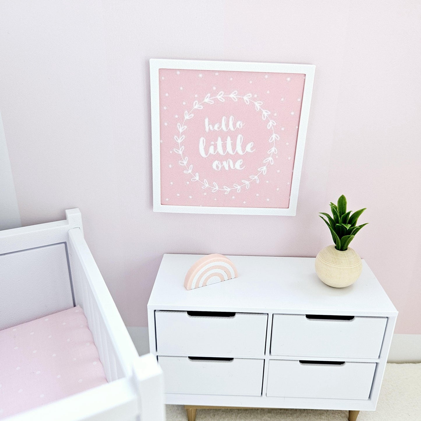 Dolls House Modern Framed Wall Art, Pink, Blue or Green. Hello Little One picture, 12th scale, miniature wall picture. Nursery wall art