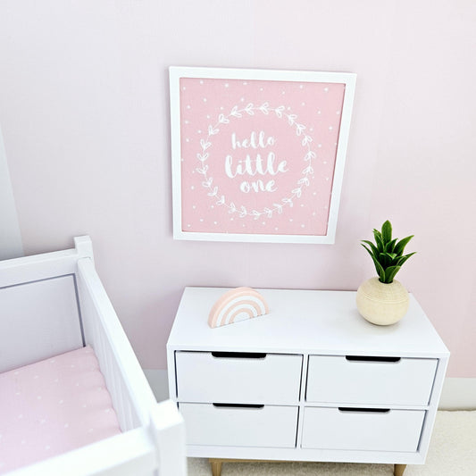 Dolls House Modern Framed Wall Art, Pink, Blue or Green. Hello Little One picture, 12th scale, miniature wall picture. Nursery wall art