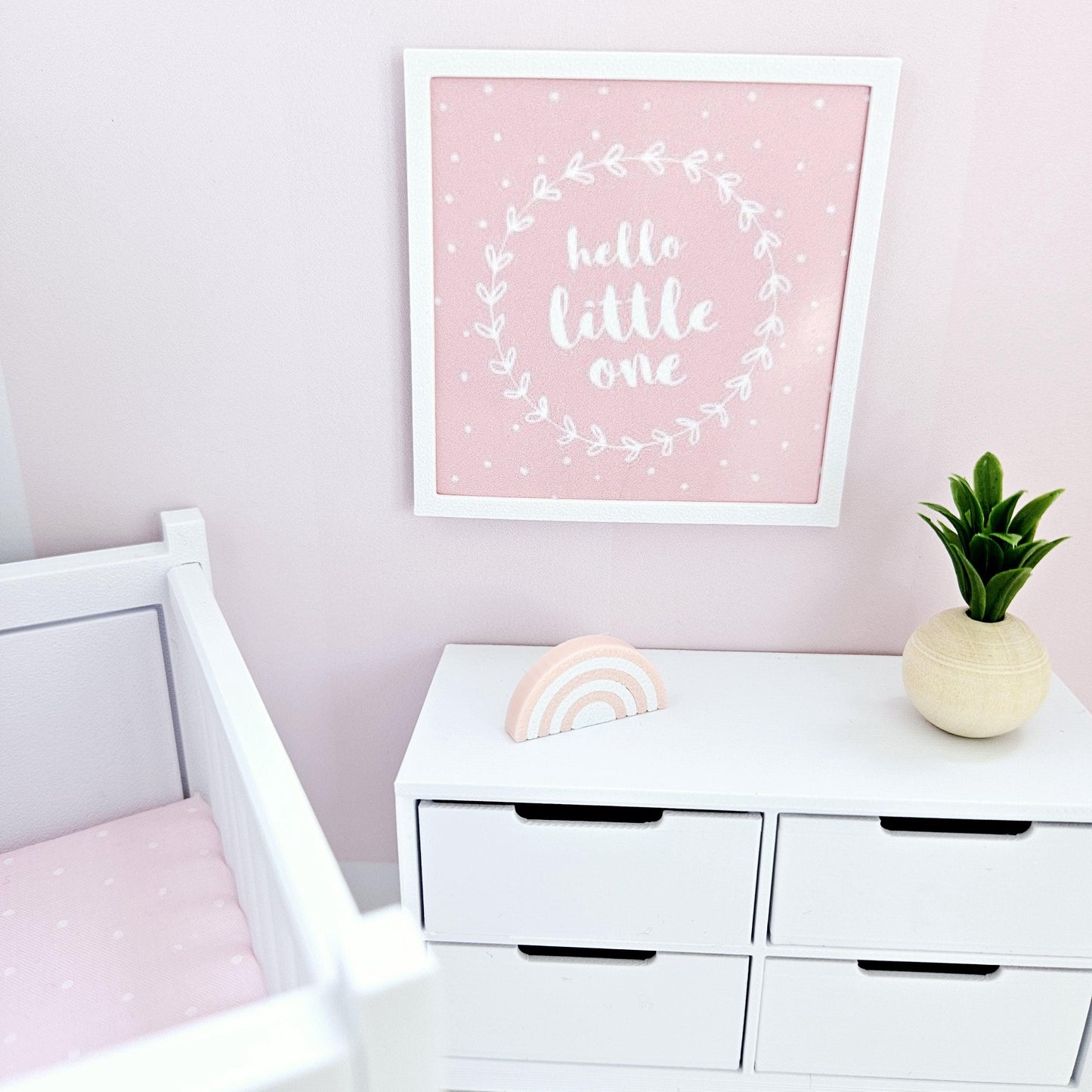 Dolls House Modern Framed Wall Art, Pink, Blue or Green. Hello Little One picture, 12th scale, miniature wall picture. Nursery wall art