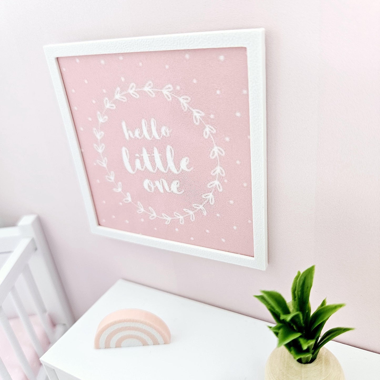 Dolls House Modern Framed Wall Art, Pink, Blue or Green. Hello Little One picture, 12th scale, miniature wall picture. Nursery wall art