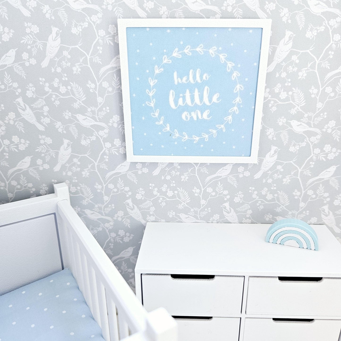 Dolls House Modern Framed Wall Art, Pink, Blue or Green. Hello Little One picture, 12th scale, miniature wall picture. Nursery wall art