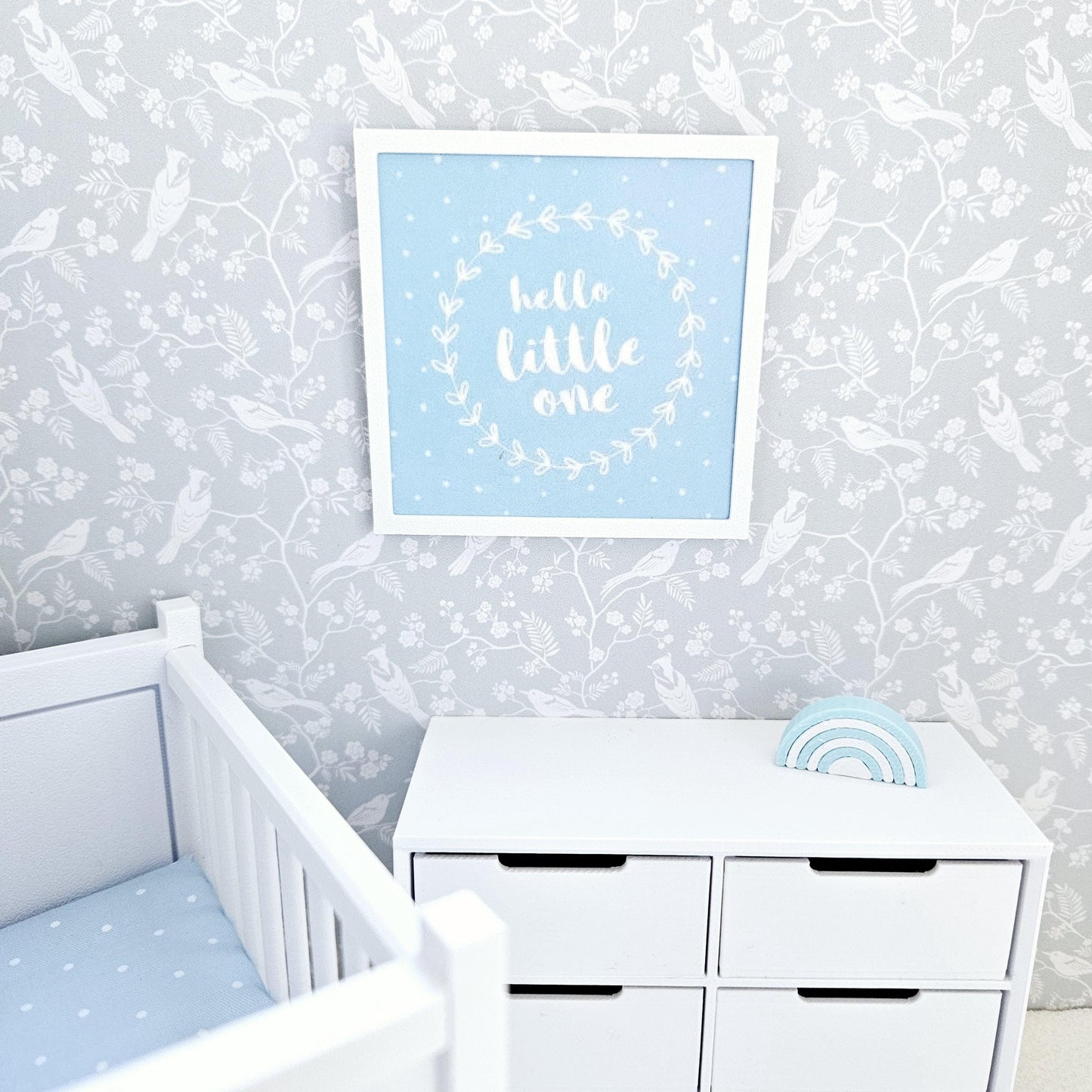 Dolls House Modern Framed Wall Art, Pink, Blue or Green. Hello Little One picture, 12th scale, miniature wall picture. Nursery wall art