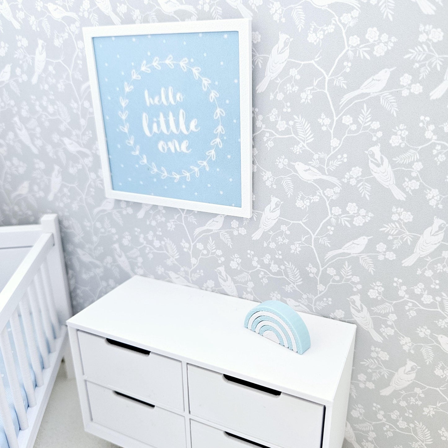 Dolls House Modern Framed Wall Art, Pink, Blue or Green. Hello Little One picture, 12th scale, miniature wall picture. Nursery wall art