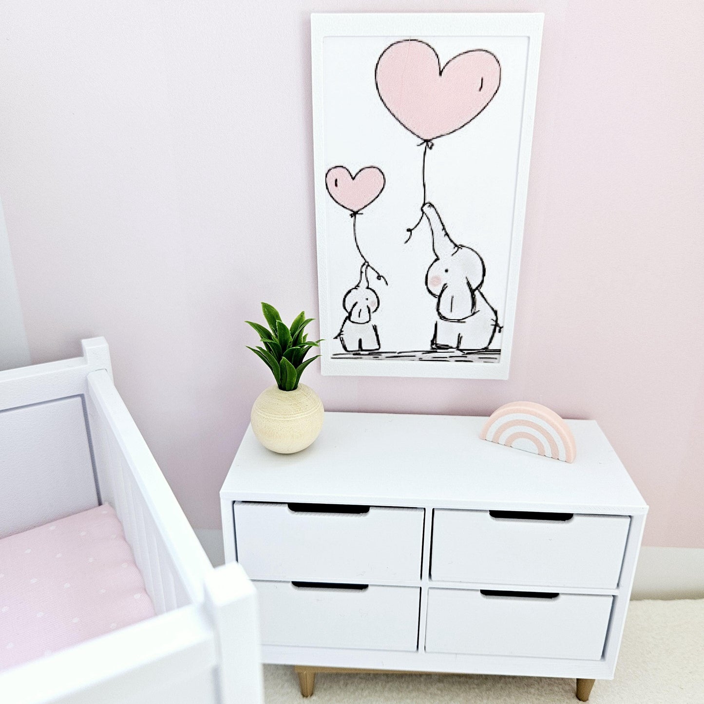 Dolls House Modern Framed Wall Art, Nursery Print. Cute pair of Elephants with Balloons, 12th scale, miniature wall picture. Nursery art