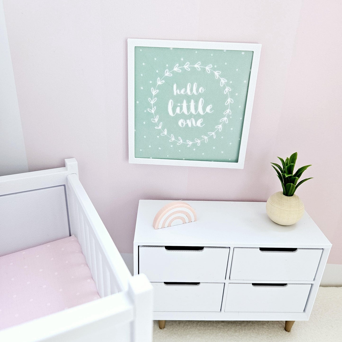 Dolls House Modern Framed Wall Art, Pink, Blue or Green. Hello Little One picture, 12th scale, miniature wall picture. Nursery wall art