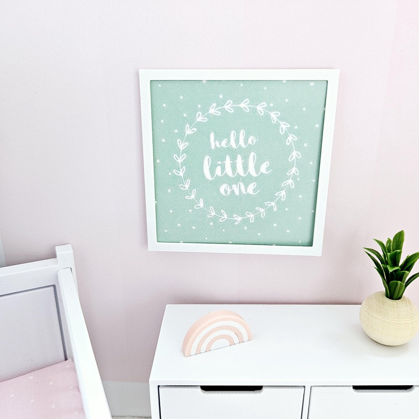 Dolls House Modern Framed Wall Art, Pink, Blue or Green. Hello Little One picture, 12th scale, miniature wall picture. Nursery wall art